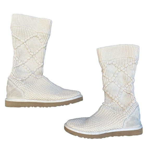 Ugg Classic Argyle Knit Boots Size 7 White Cream - Picture 1 of 8